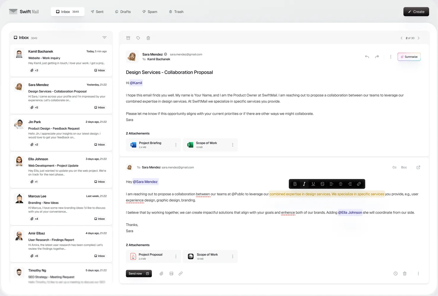 Email client reply composer with AI summarize button