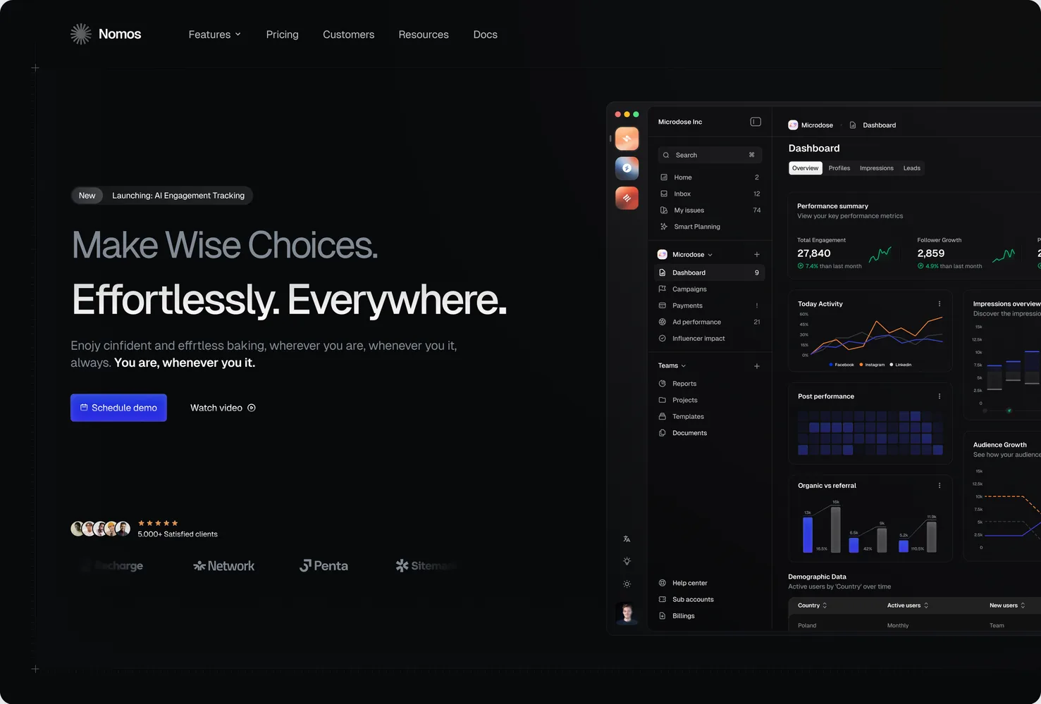 Nomos landing page hero with analytics dashboard
