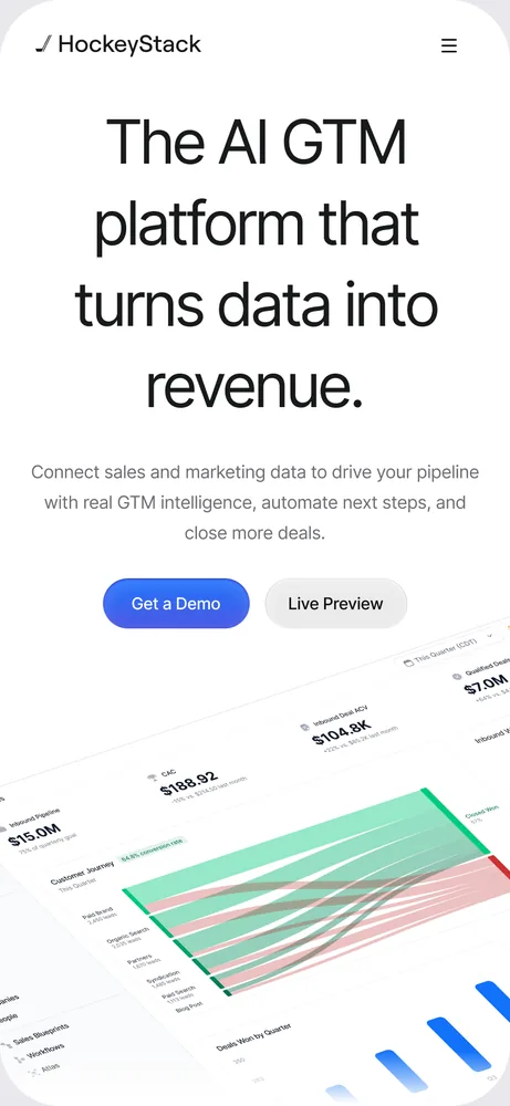HockeyStack mobile hero with AI GTM headline