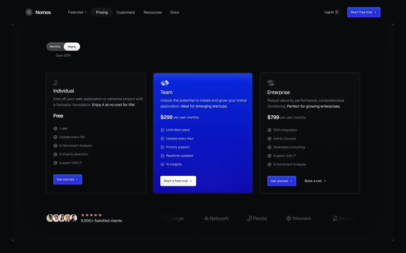 Nomos pricing page with billing period toggle