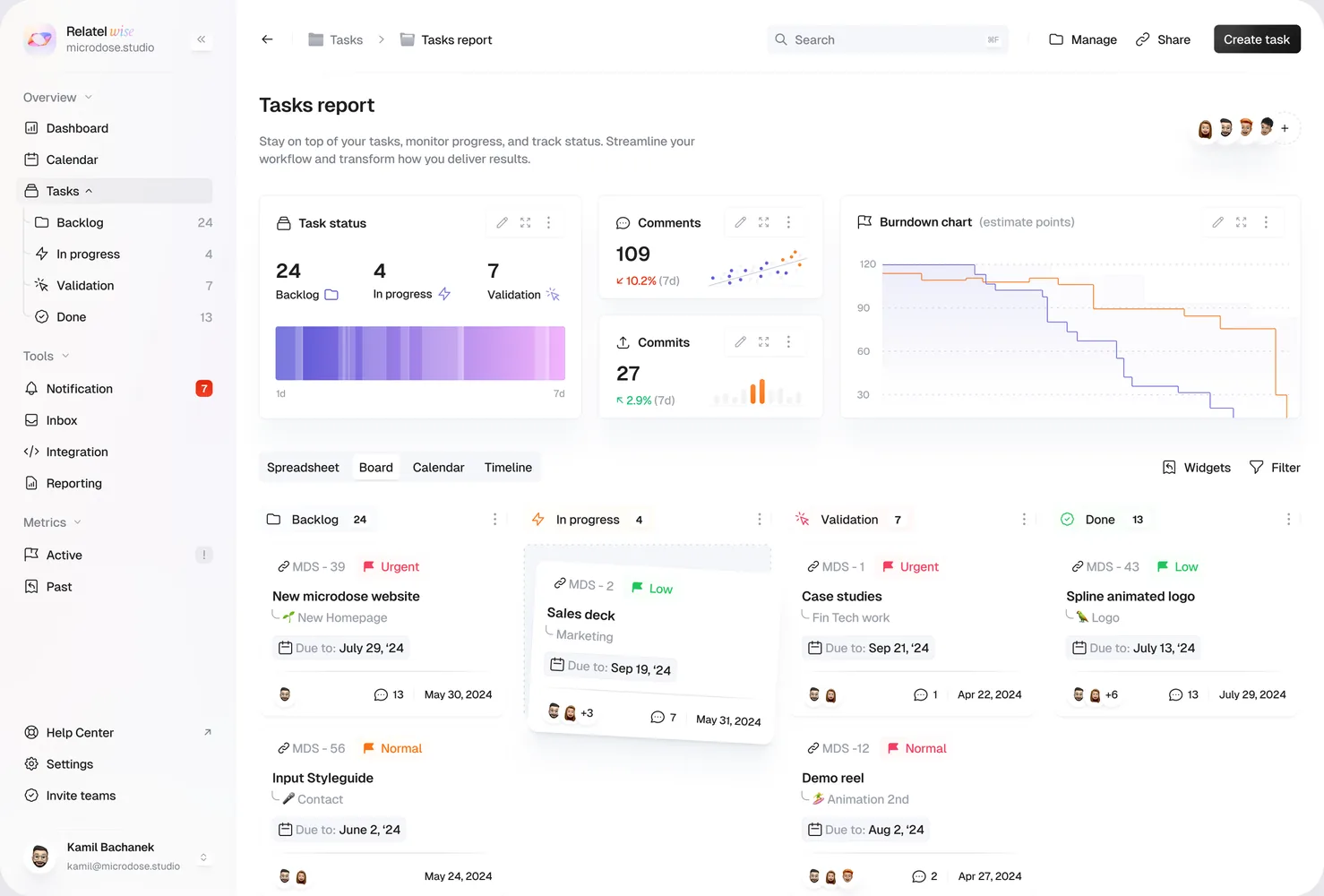 Relate Wise kanban board with card mid-drag