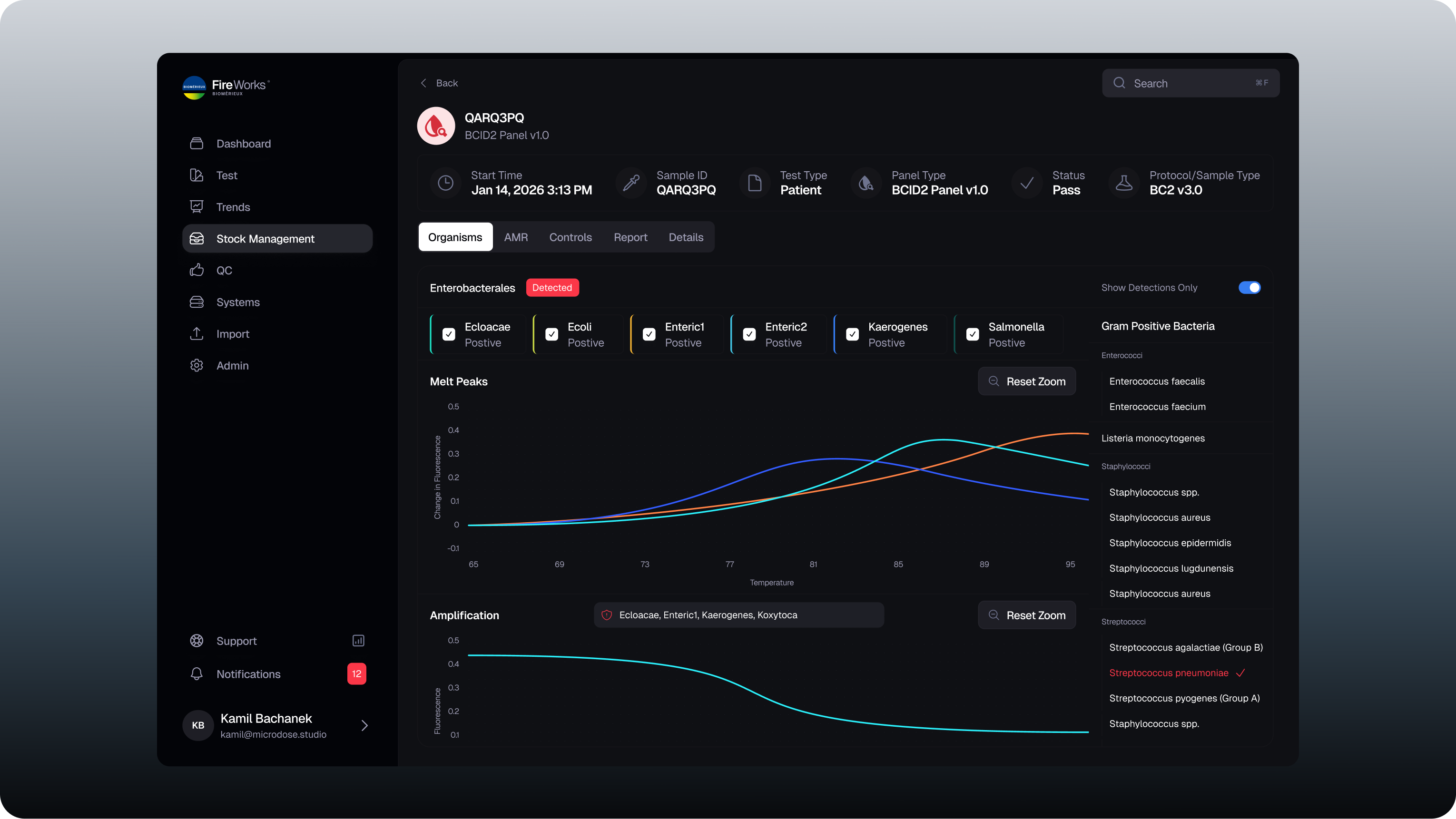 FIREWORKS test result screen for a BCID2 panel: detected organisms alongside melt peak and amplification curves