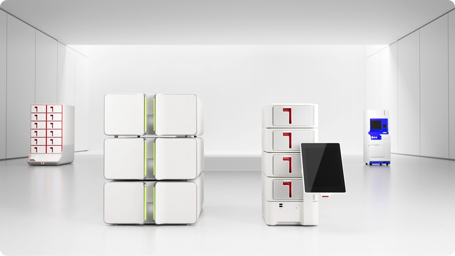 bioMérieux case study: white modular diagnostic instruments in a bright showroom