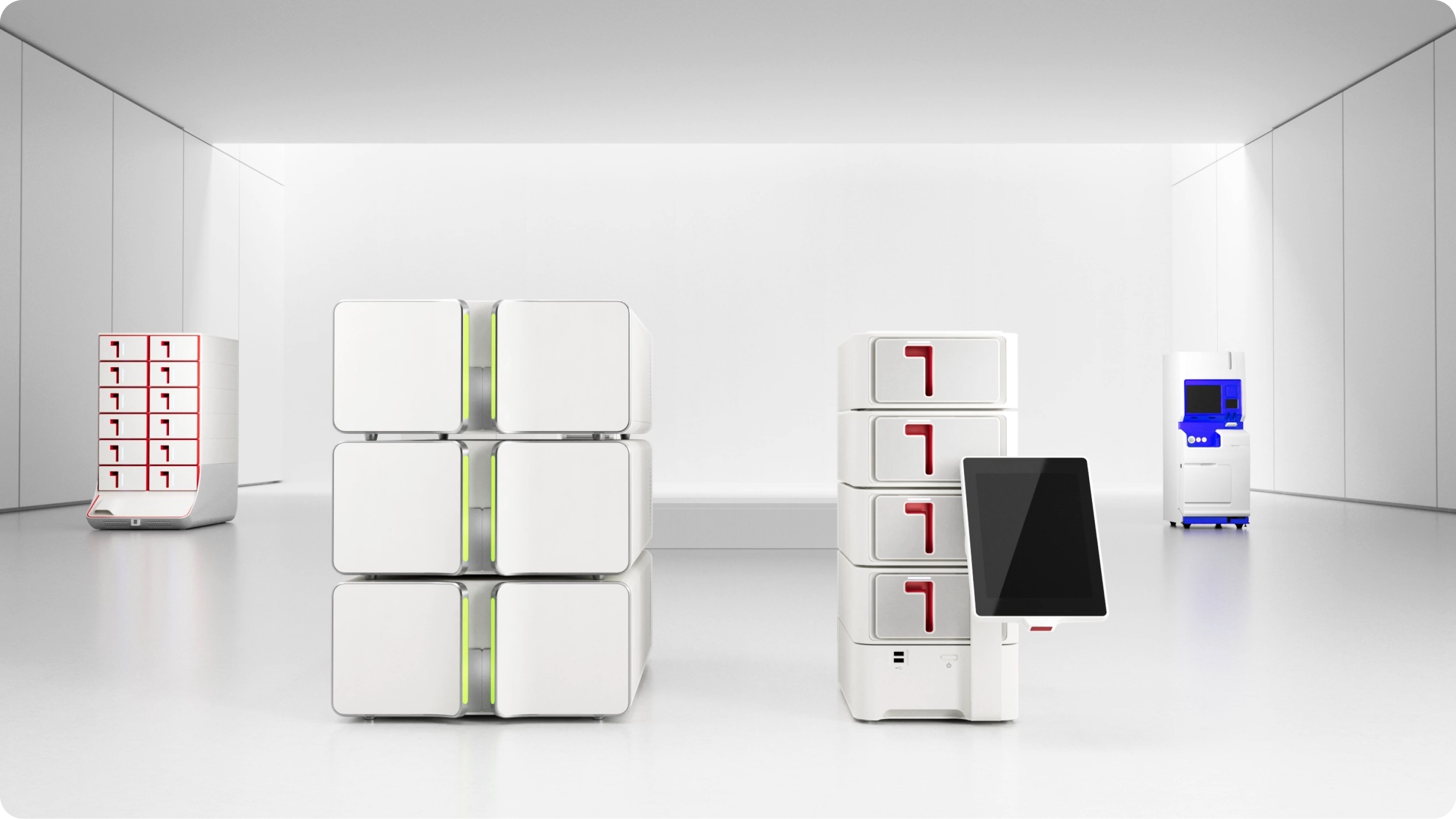 White modular bioMérieux diagnostic instruments lined up in a bright showroom, with red cartridge slots, green status lights and a touchscreen console