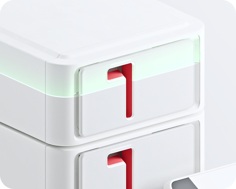 Close-up render of an instrument module with a red cartridge slot and a green status light