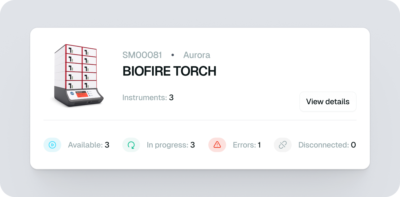System card for a BIOFIRE TORCH: instrument render, module count and live availability stats