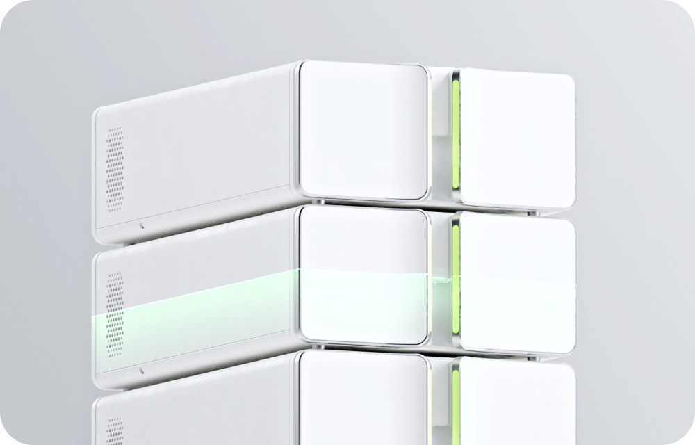 Render of stacked white instrument modules with a green light band