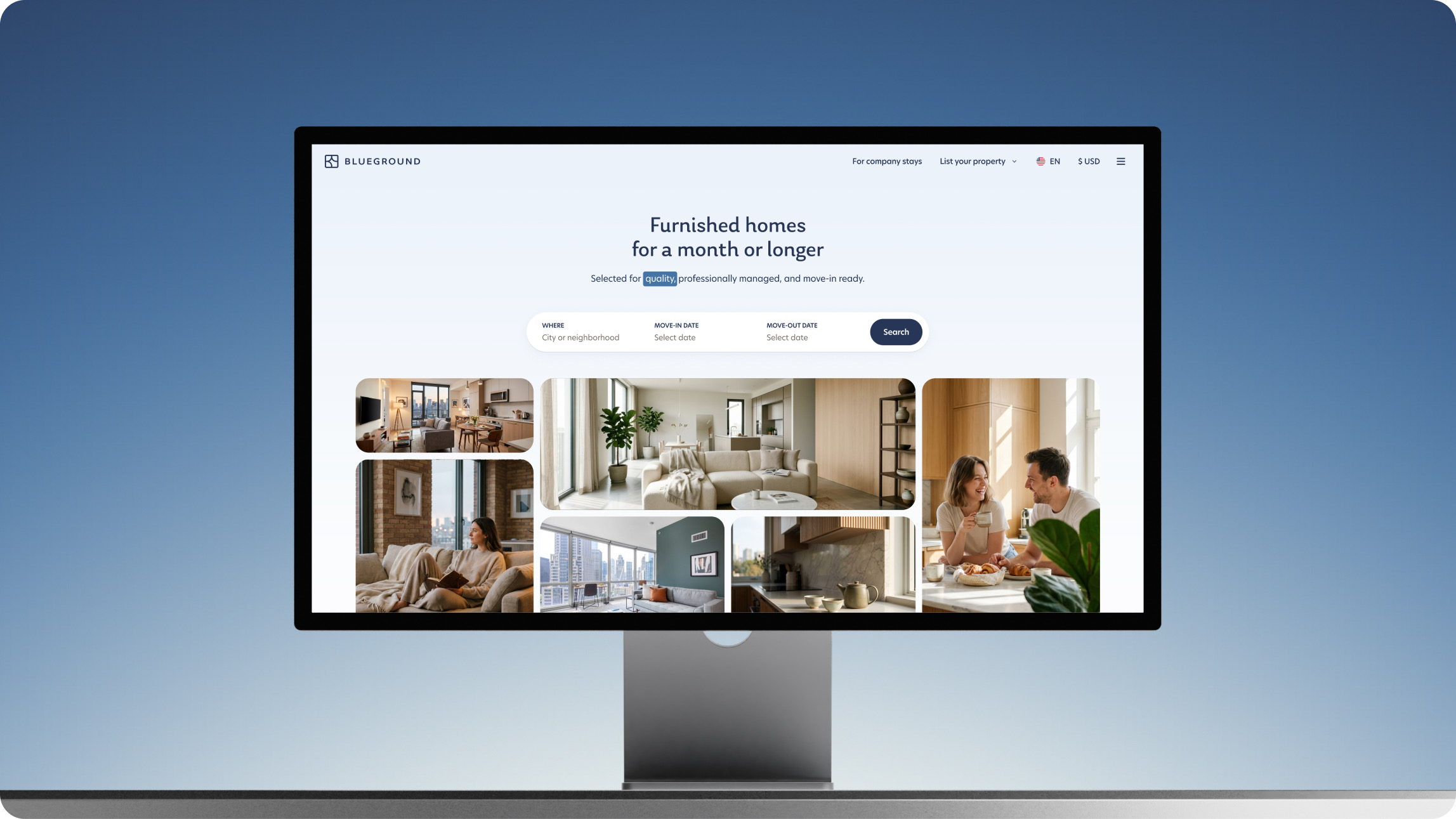 Blueground homepage on a desktop monitor: Furnished homes for a month or longer, a search bar and a grid of apartment photography