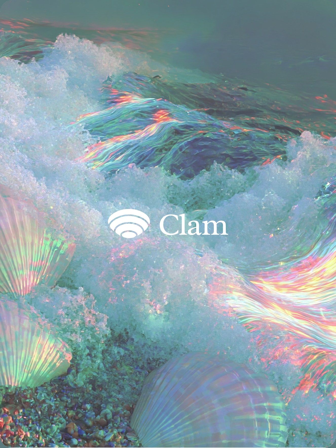Clam brand plate: the Clam wordmark over an iridescent photograph of surf and shells