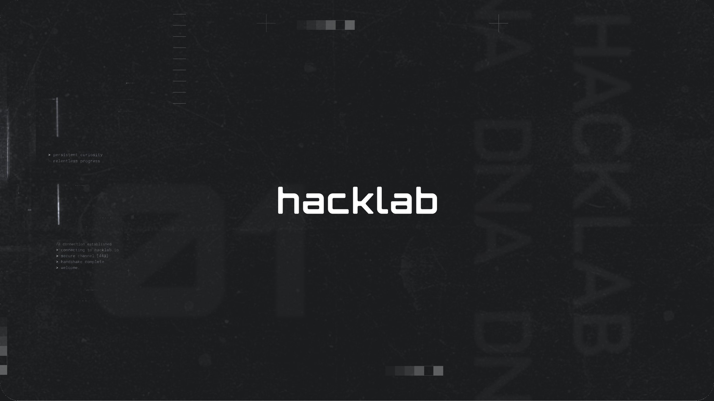 HackLab brand plate: the hacklab wordmark on a dark, grain-textured board with HACKLAB DNA lettering behind it