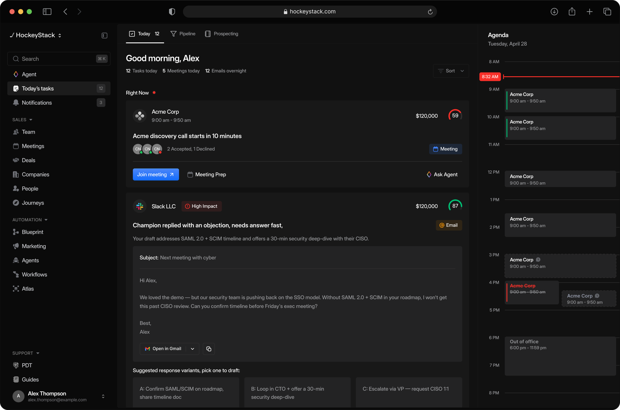 Today's tasks in dark mode: the deal sidebar, the day's task cards and the agenda panel on near-black surfaces