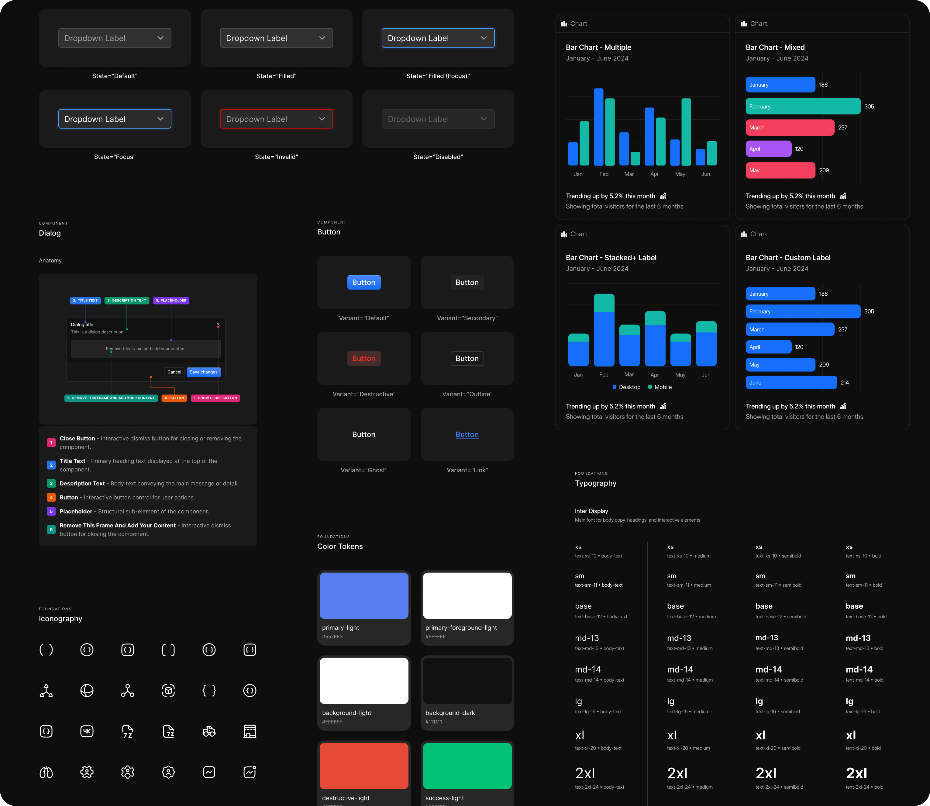 The HockeyStack design system: form and button variants, a documented dialog anatomy, an icon set, colour tokens, bar chart variants and the typography ramp