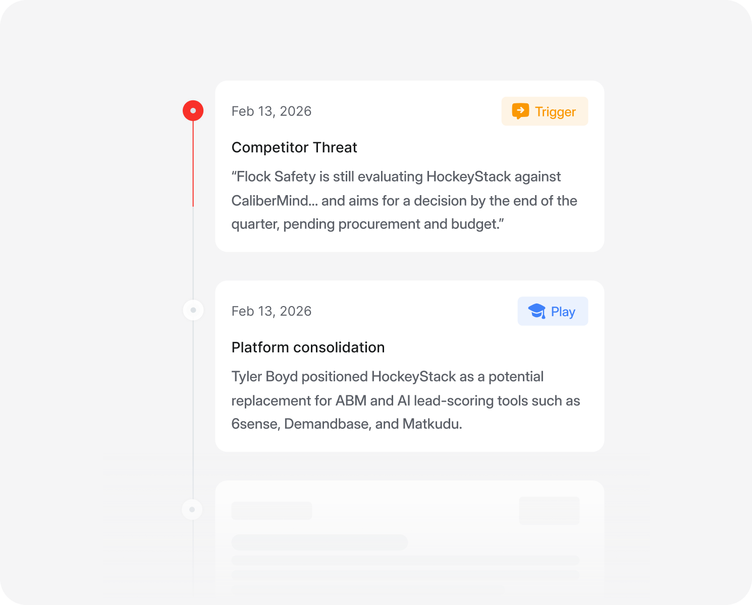 Activity feed: dated call moments such as a competitor threat and a platform consolidation, each quoting the buyer and offering to play the recording