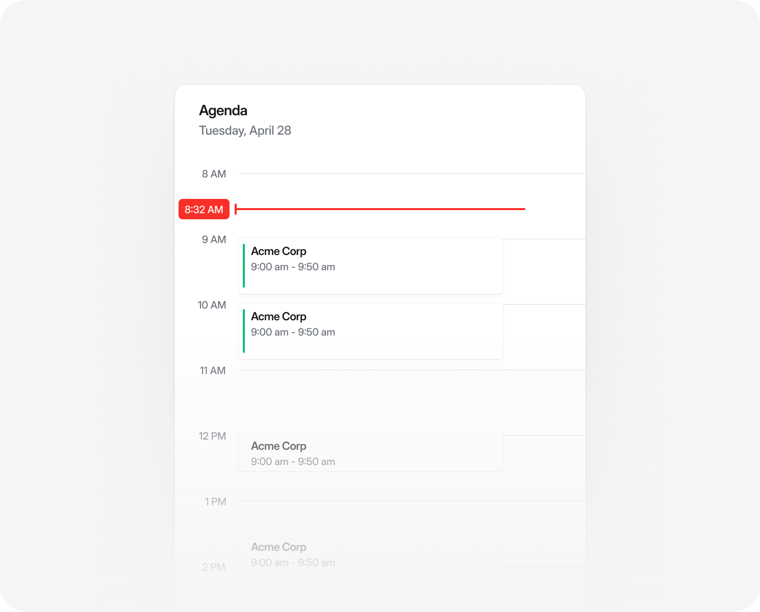 Agenda widget: a day laid out hour by hour with calendar blocks and a red marker on the current time