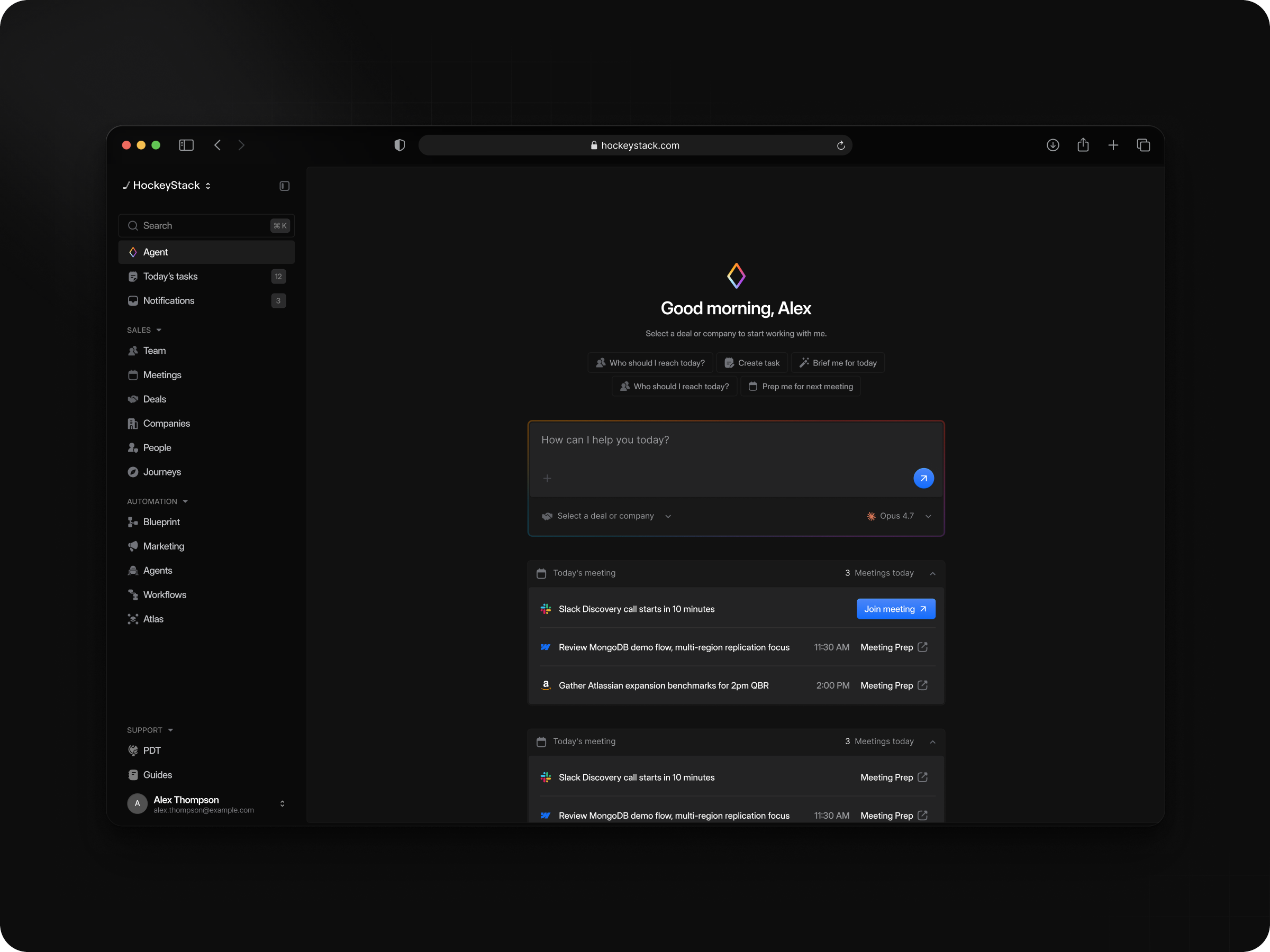 The agent home screen: good morning greeting, a prompt field asking how it can help, and the day's meetings listed underneath with meeting prep on each