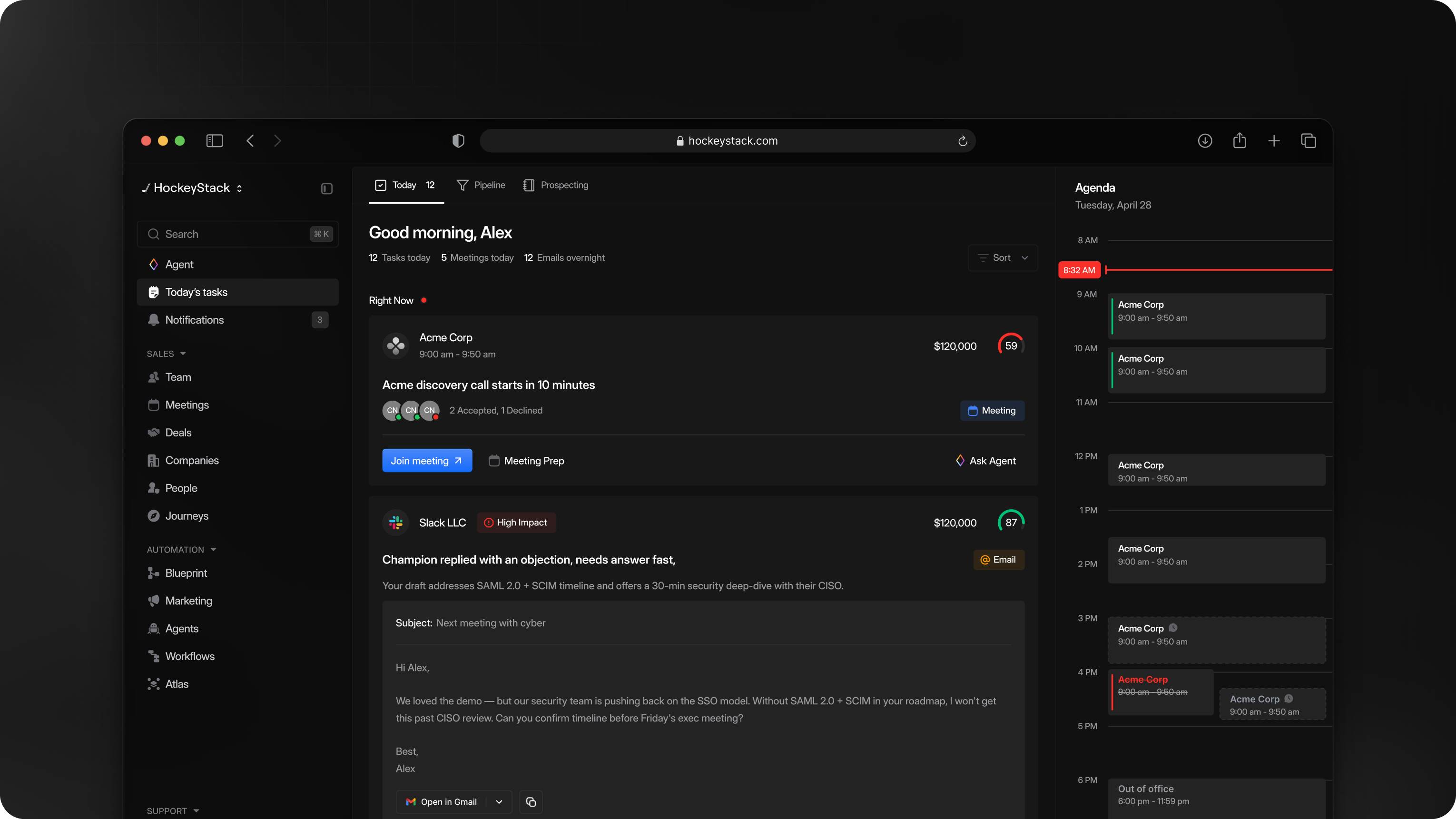 HockeyStack in a browser window: the dark-mode Today's tasks cockpit with a live Acme Corp discovery call, a Slack objection with a drafted reply, and the day's agenda down the right
