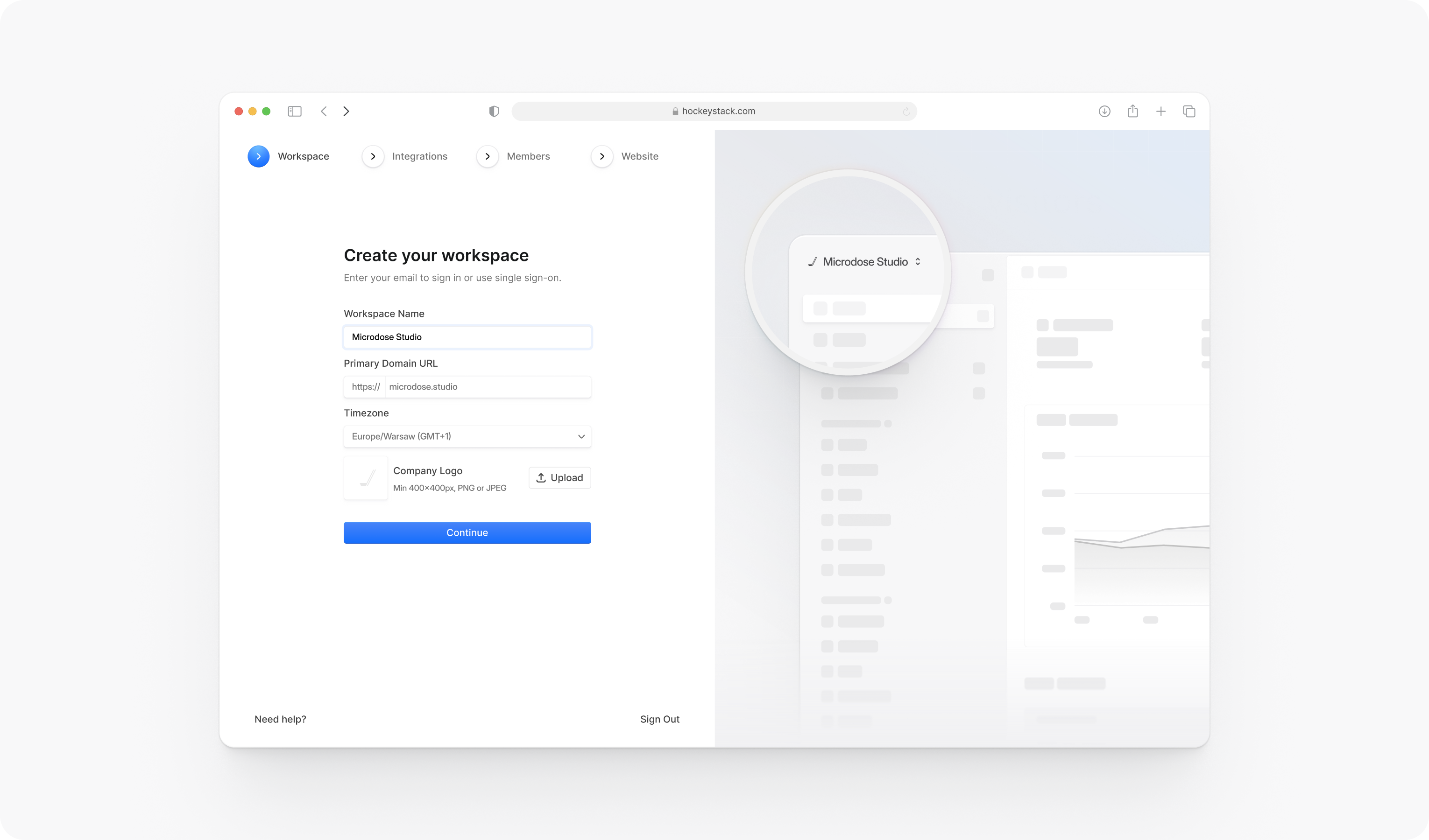 Create your workspace onboarding step: workspace name, primary domain, timezone and logo upload, with a four-step progress bar and a preview of the product alongside