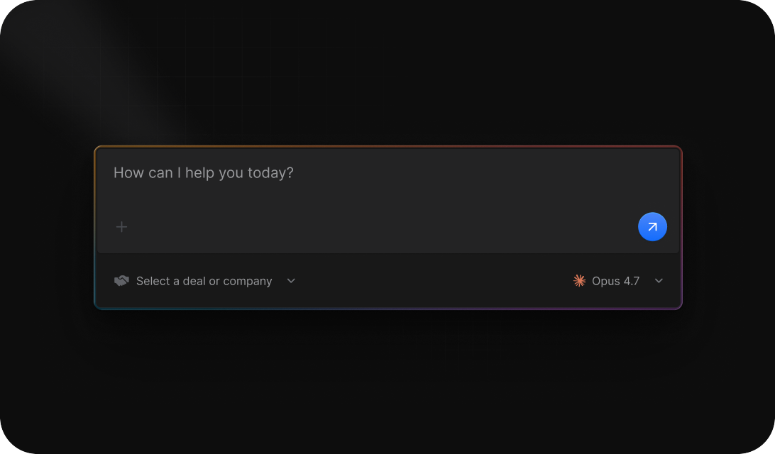 Ask agent prompt field with a deal or company picker and a model selector