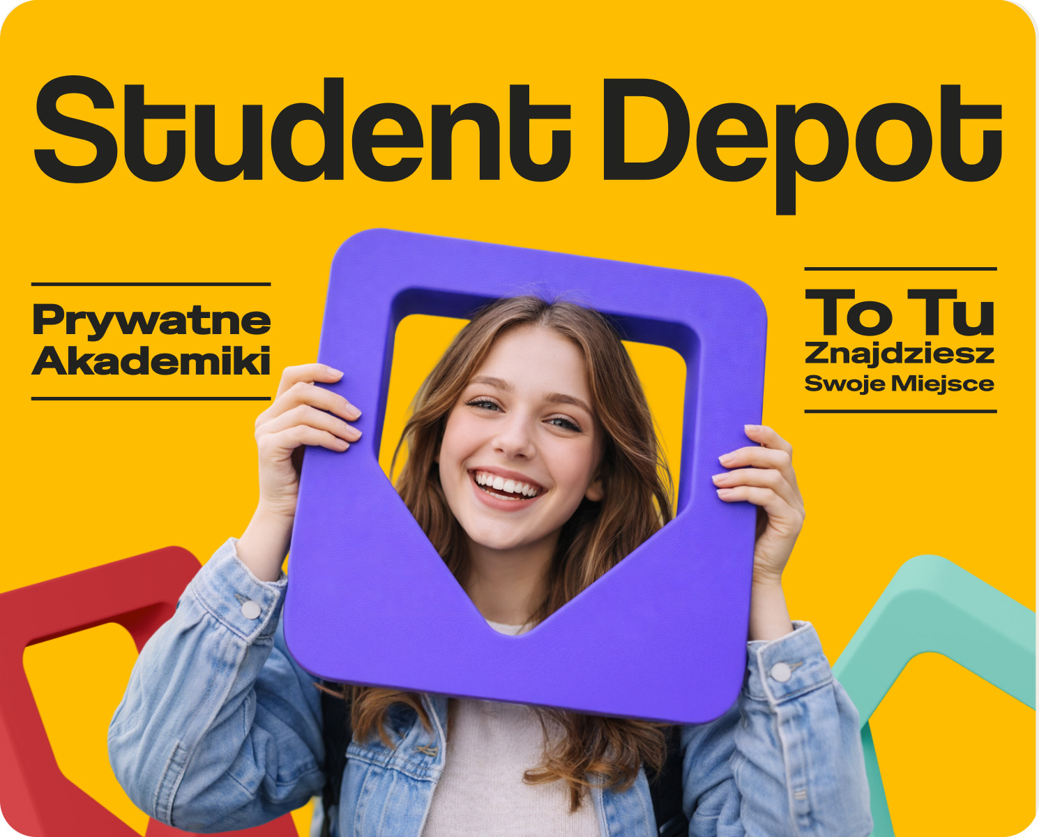 Yellow Student Depot poster with a student holding a purple 3D brand frame around her face