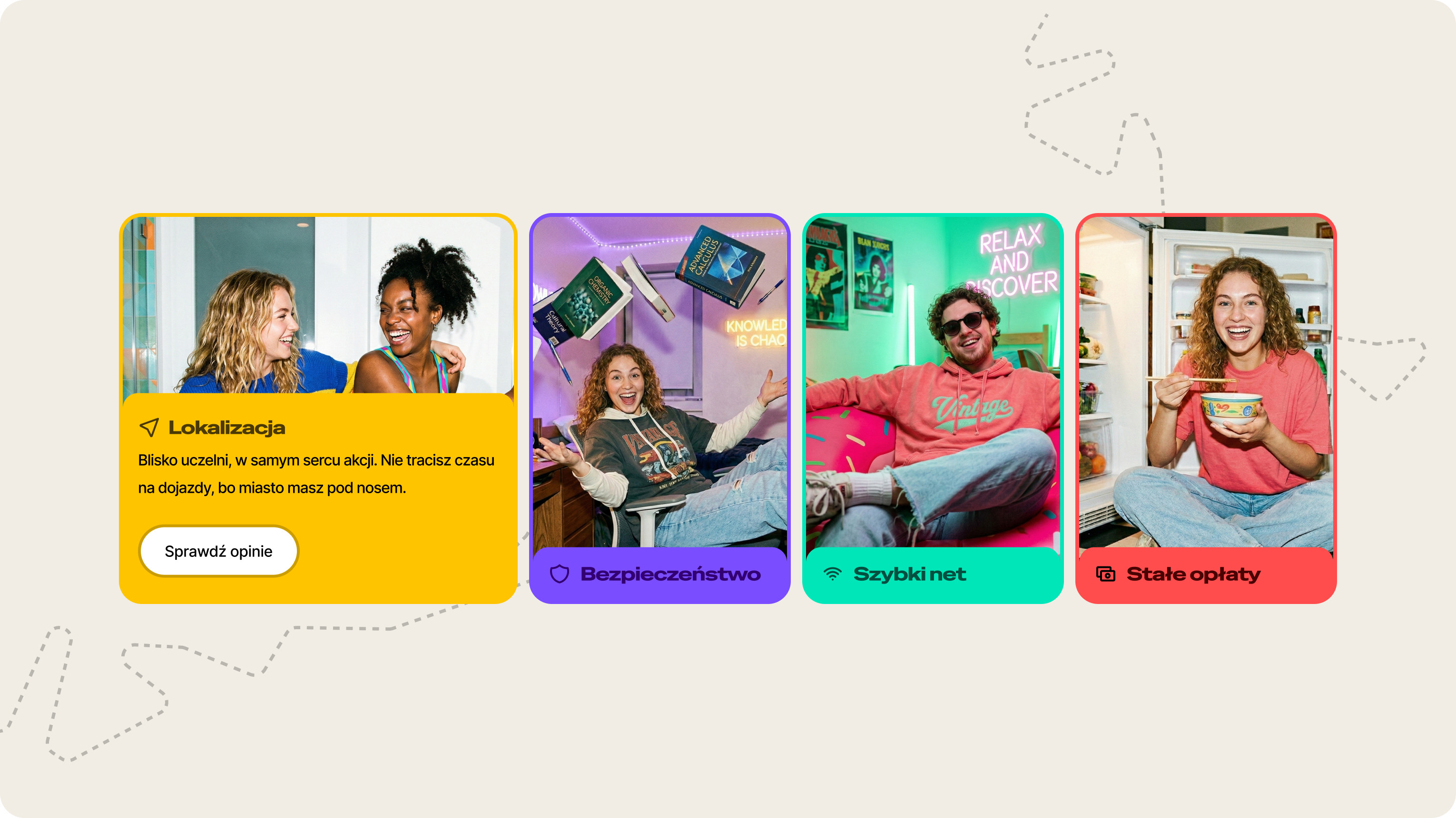 Four lifestyle feature cards with student photography, labelled location, security, fast internet and fixed fees