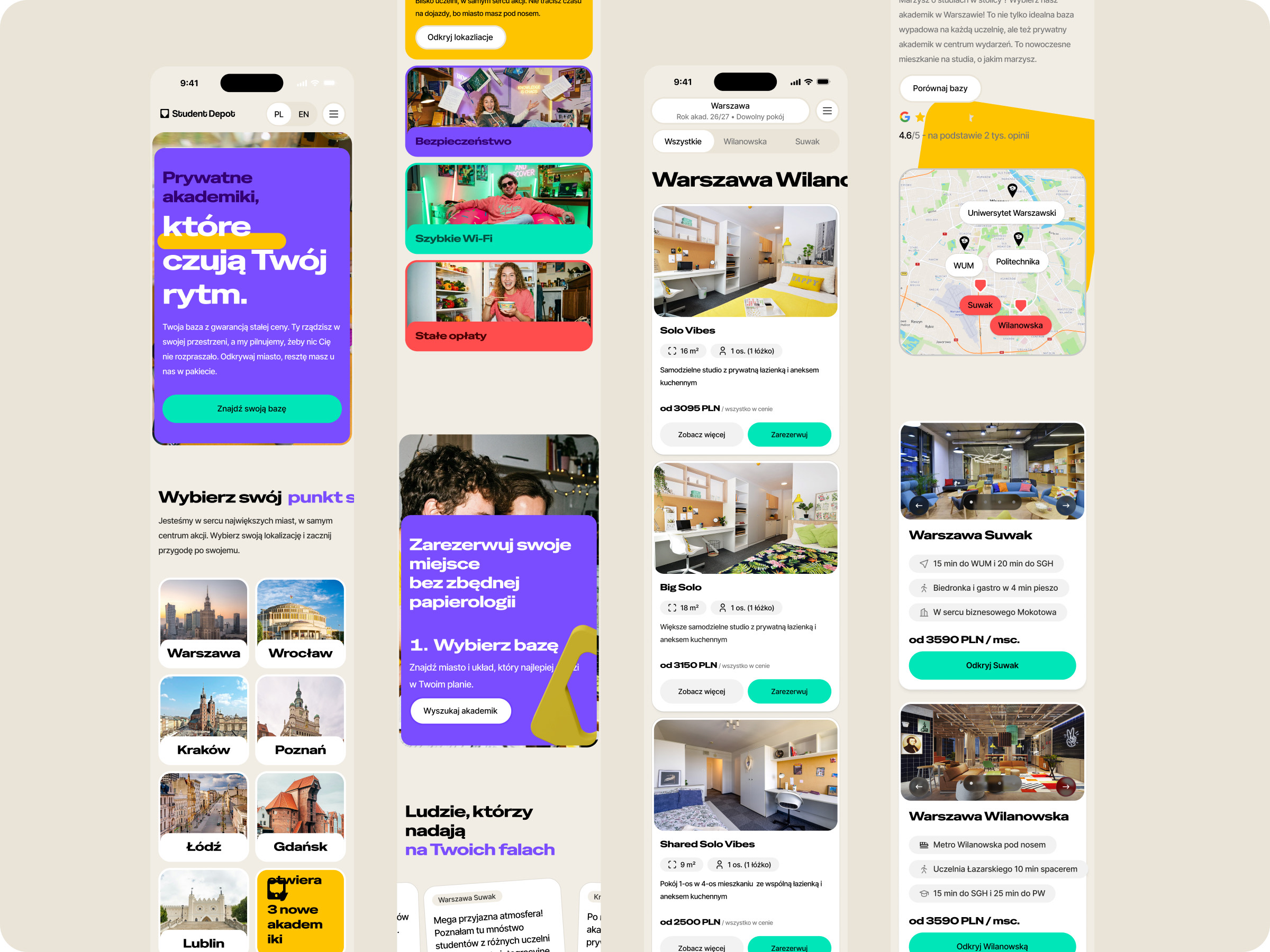 Four Student Depot mobile app screens: home, city picker, room listings and a neighbourhood map