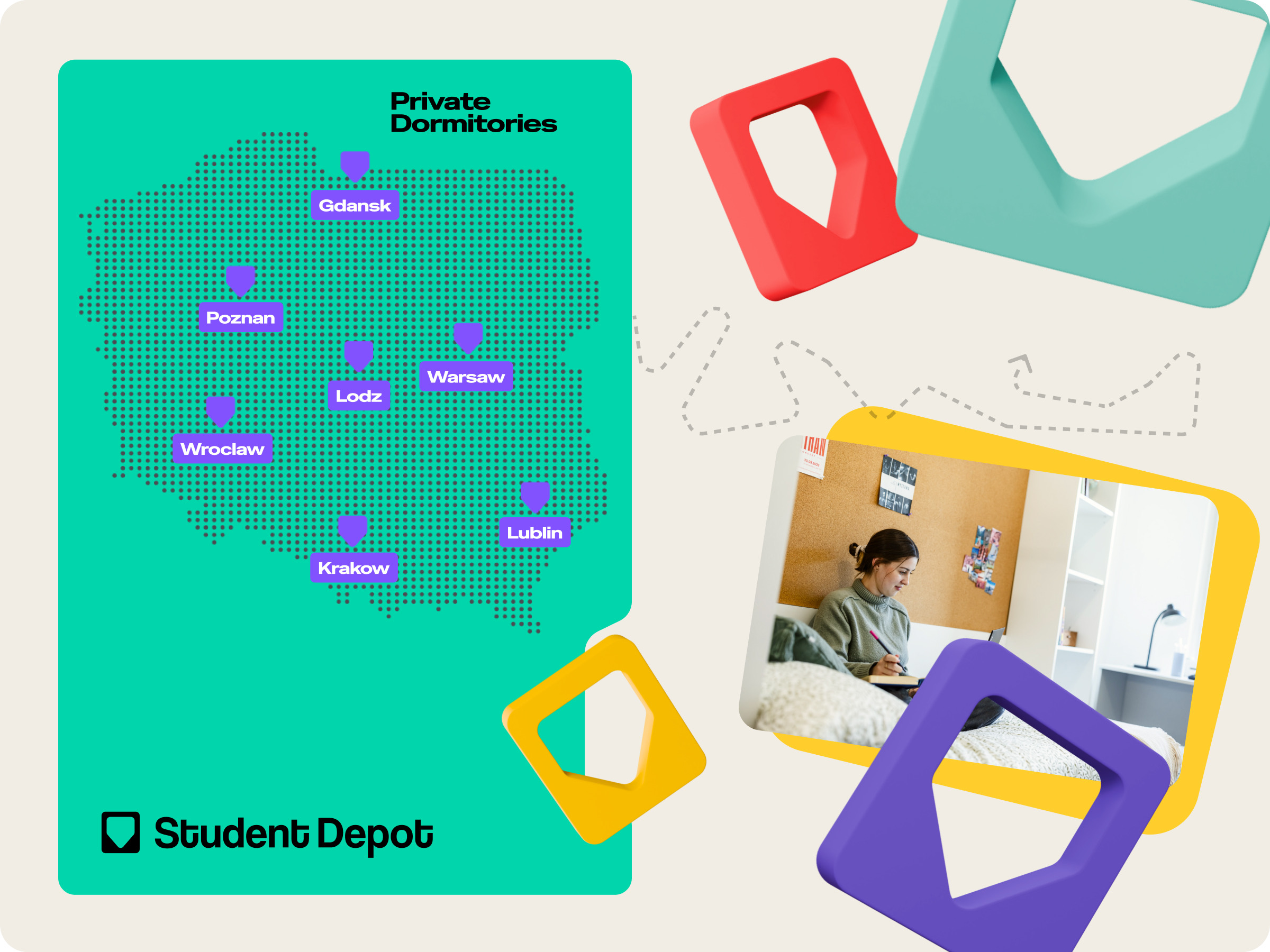 Green dotted map of Poland with purple pins on the seven Student Depot cities, next to a photo of a student studying in her room