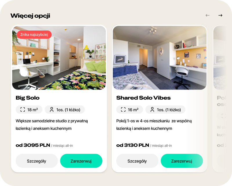 Room listing cards in the app showing floor area, occupancy, monthly price and a booking button