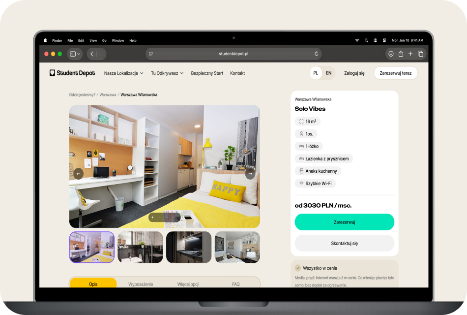 Laptop showing a Student Depot room detail page with a photo gallery and a booking panel