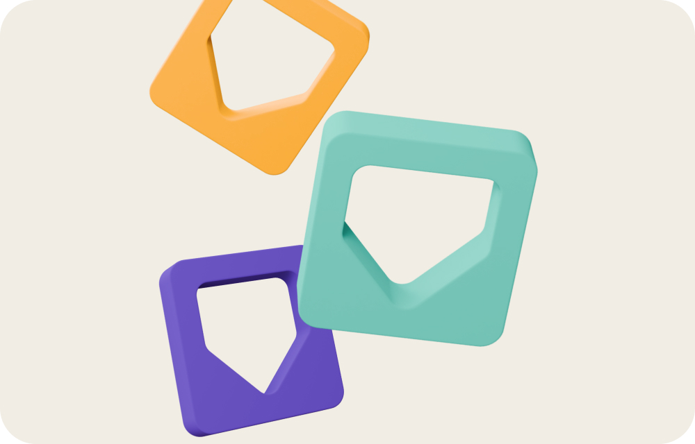 Orange, teal and purple 3D brand shapes floating on a beige background