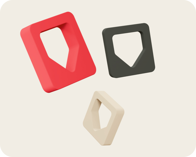Red, dark grey and cream 3D brand shapes floating on a beige background