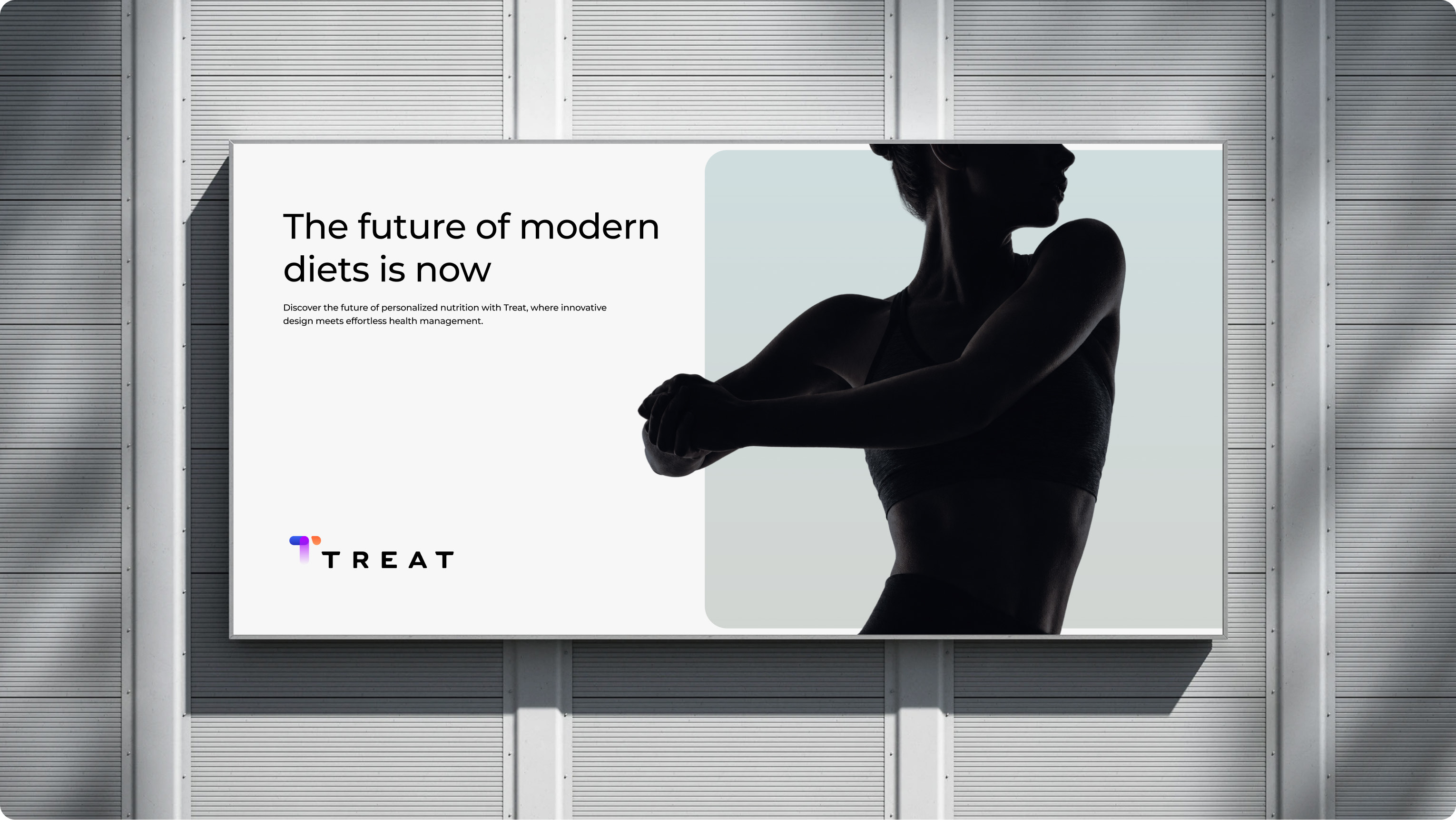 Treat out-of-home billboard reading "The future of modern diets is now" beside a silhouetted woman stretching her arm across her chest