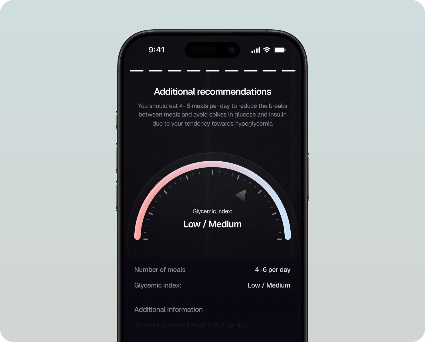 Dark additional recommendations screen with a glycemic index gauge on an iPhone
