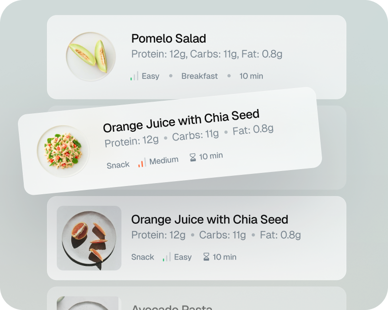 Meal cards with macros: Pomelo Salad and Orange Juice with Chia Seed