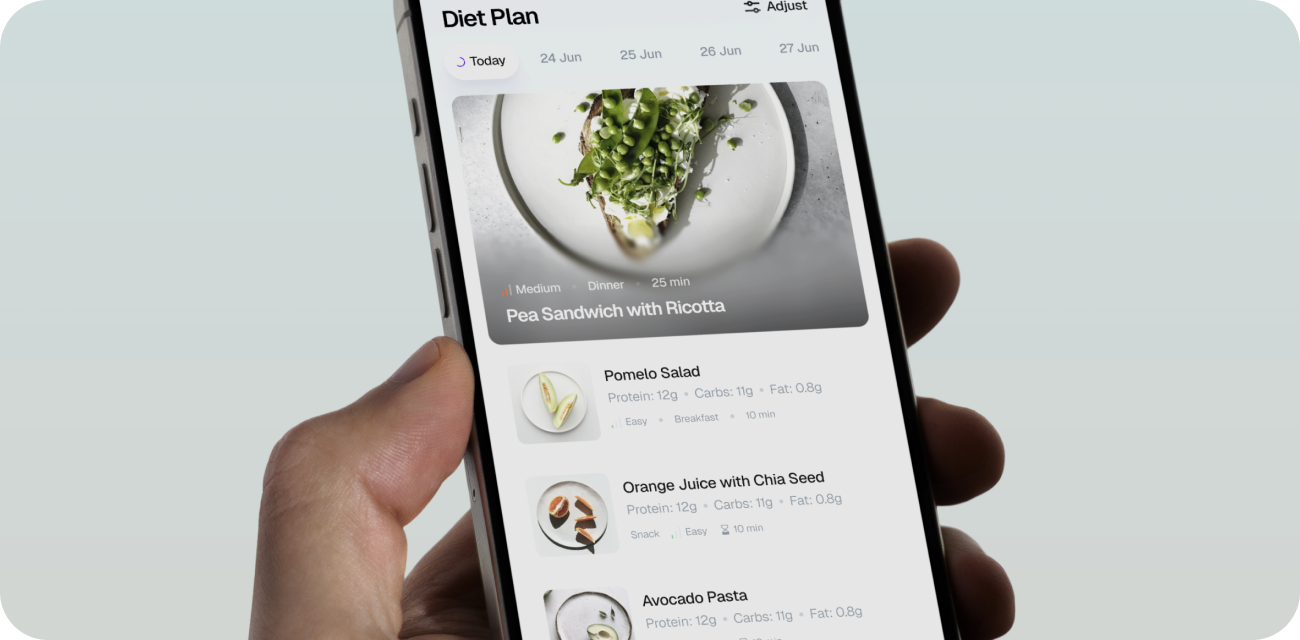Hand holding a phone with the Treat diet plan for the week