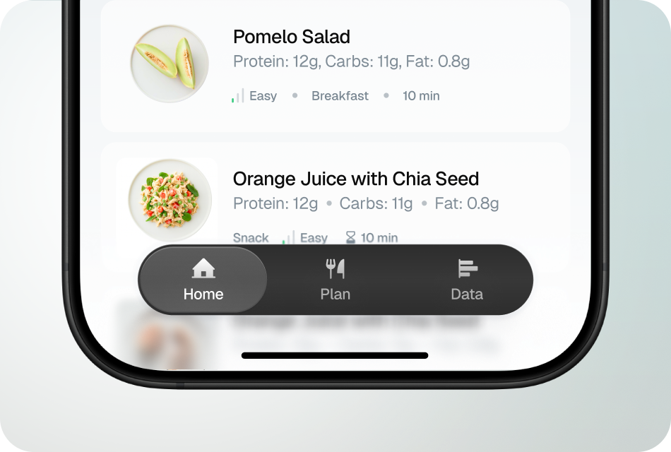 Meal list with the Home, Plan and Data tab bar