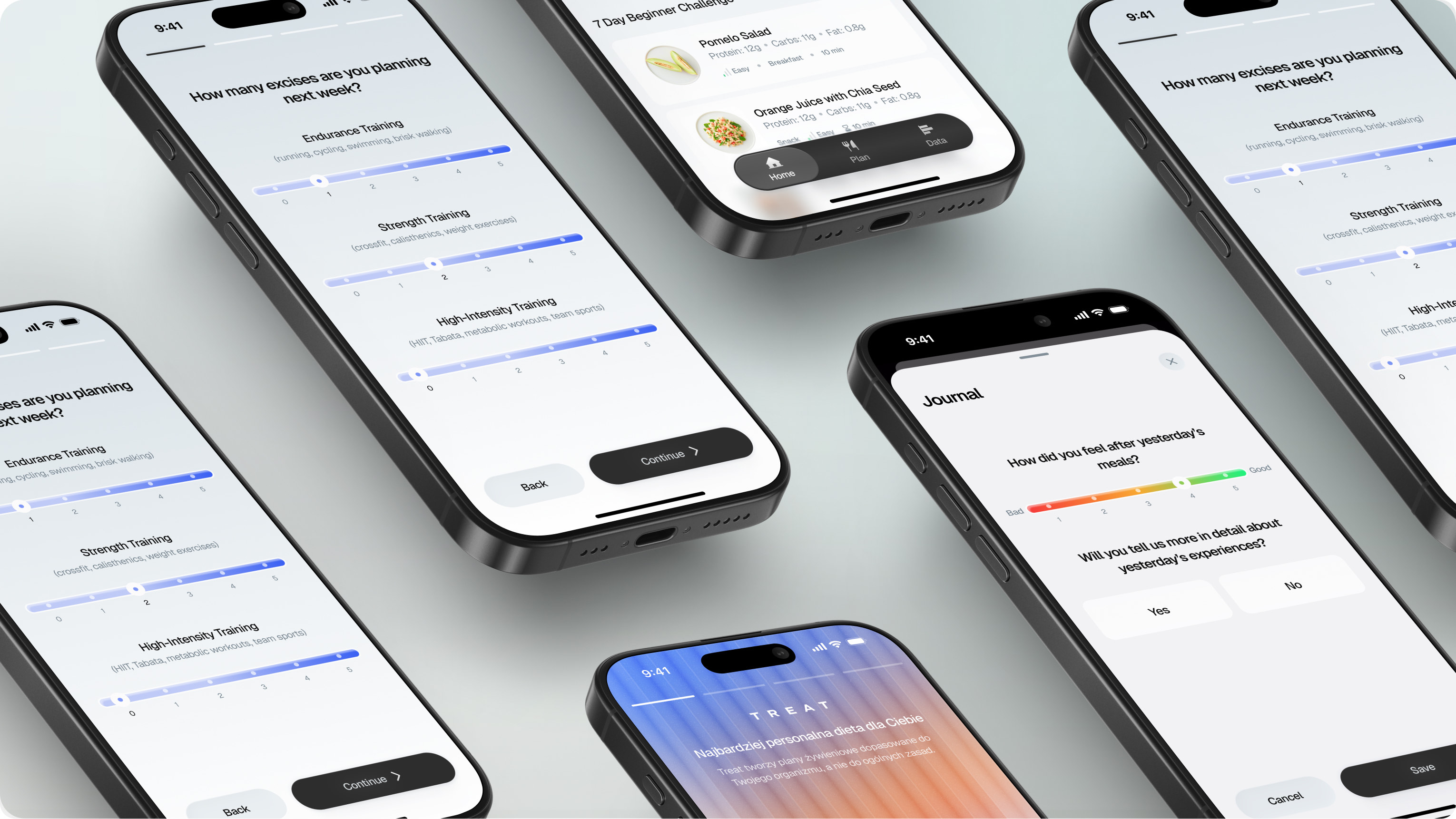 Six angled iPhones with Treat training preferences, meal challenge, journal and splash screens